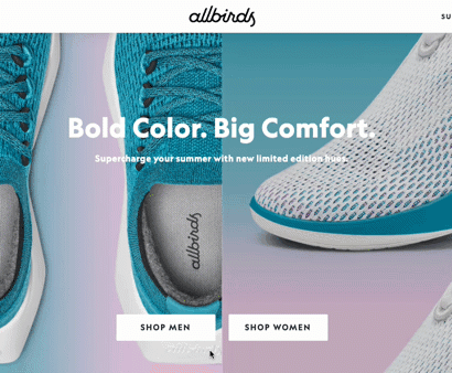 An animated GIF of the AllBirds home page showing the call-to-action button changing colors when the mouse hovers over it