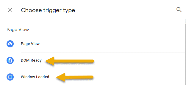 Screenshot of DOM Ready and Window Loaded trigger options in GTM