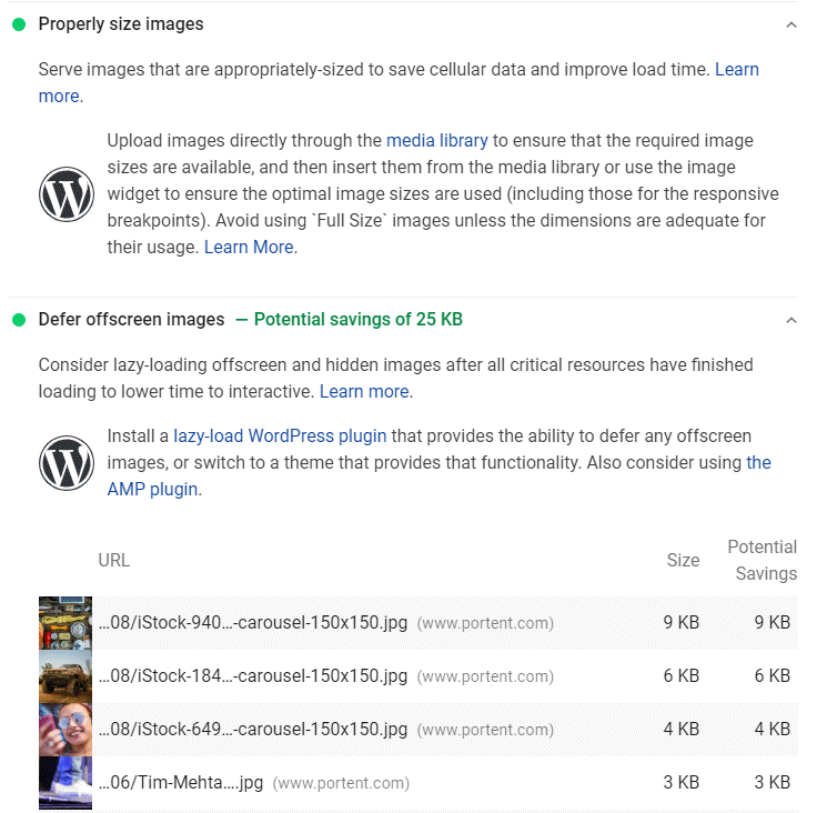 Screenshot of Google Pagespeed Insight results for Portent.com