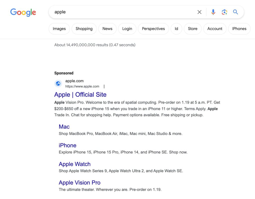 Screenshot of the search results page showing Apple's sponsored ad for their brand term "apple"