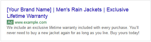 Example of bad ad copy with a bold claim for rain jackets showing up in SERPs