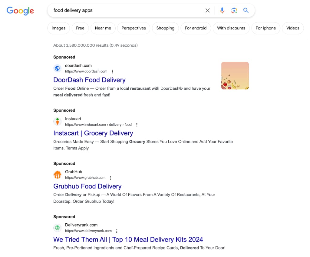 Screenshot of the search results page for the term "food delivery apps"