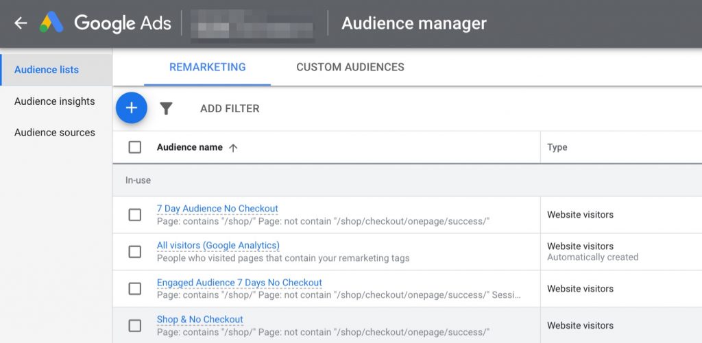 Screenshot of where to create audience lists in Google Ads