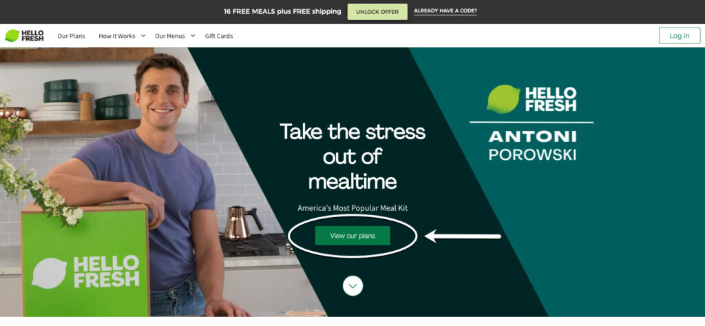 A screenshot of the Hello Fresh Homepage with the call-to-action button highlighted