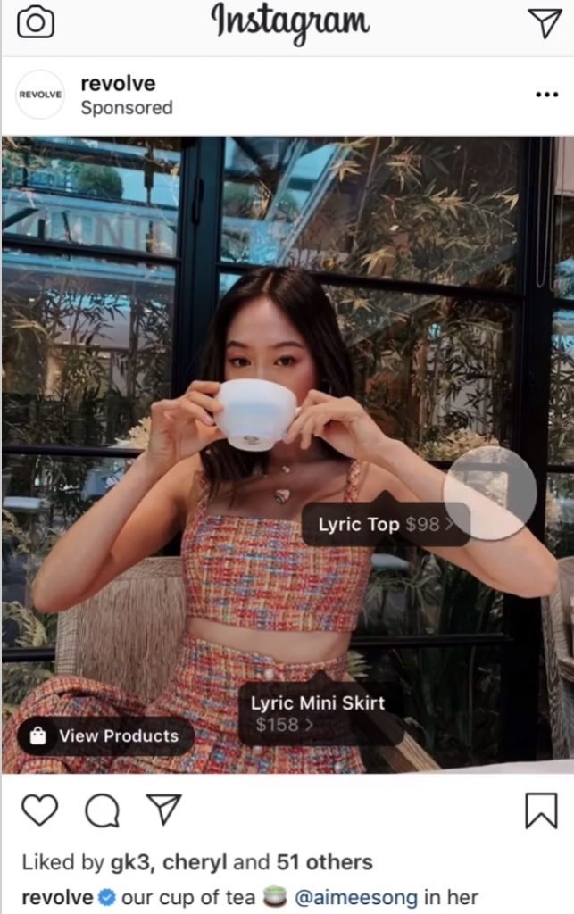 Screenshot of a clothing company's organic post on Instagram with product details tagged