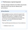 Screenshot of Meta's banner about Europe's ePrivacy directive and how performance may be impacted
