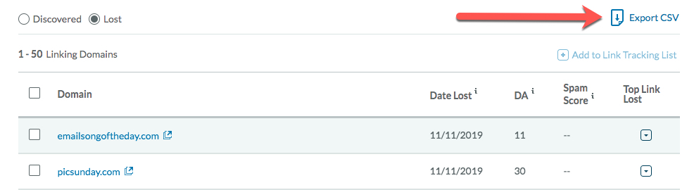 Screenshot showing broken backlinks search results on Moz with arrow showing how to export data