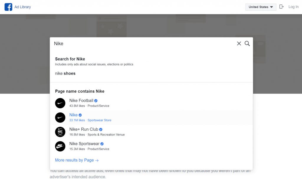 Screenshot of the Facebook Ads Library for Nike