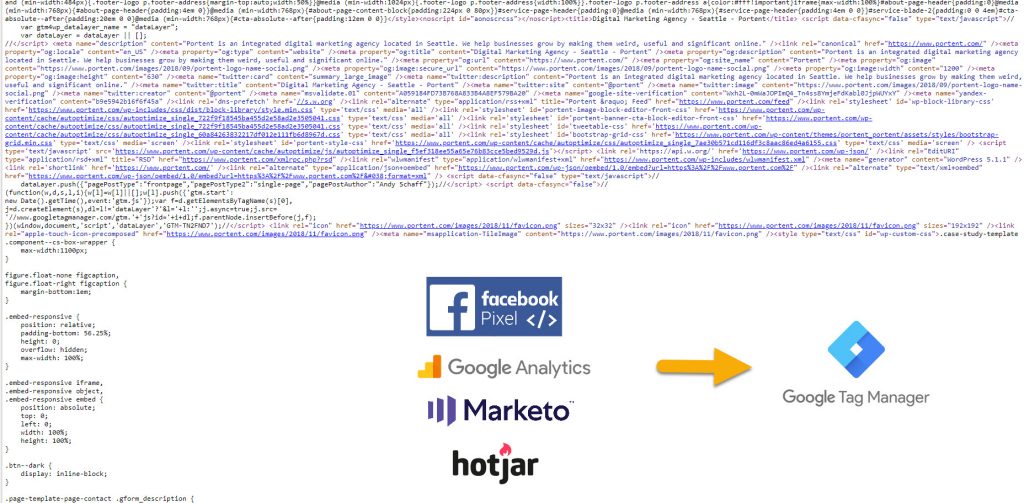 Screenshot example of GTM code on Portent's site