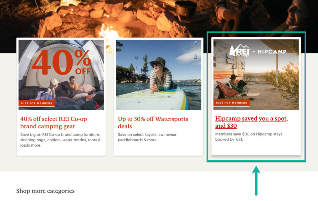 A screenshot of three blog post tiles from the REI homepage