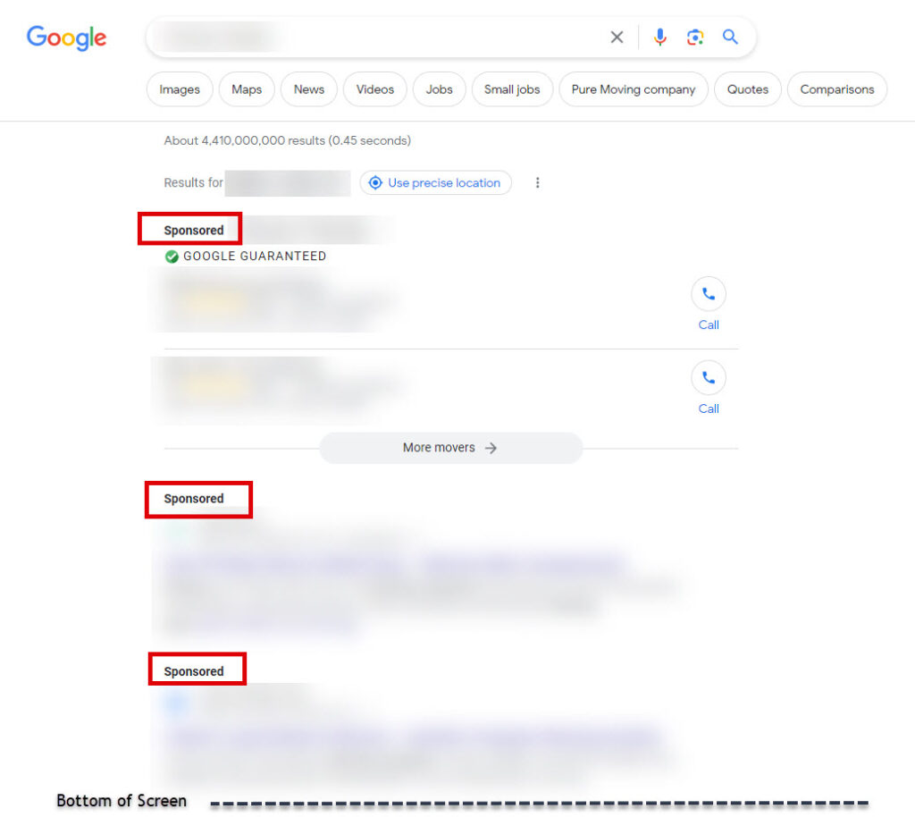 Screenshot of sponsored listings at the top of a Google SERP
