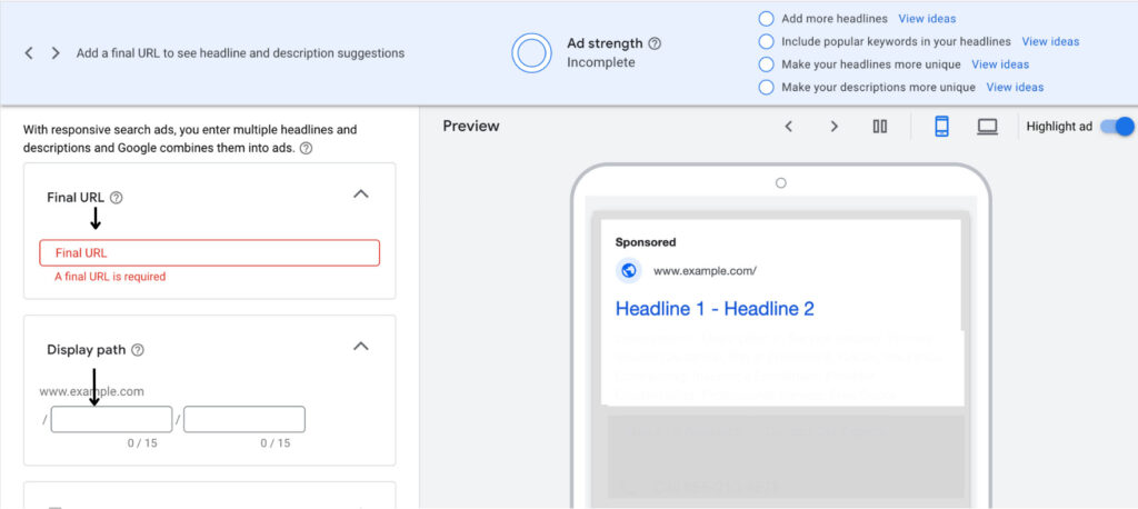 Google ads page showing where to input the final URL and display path.