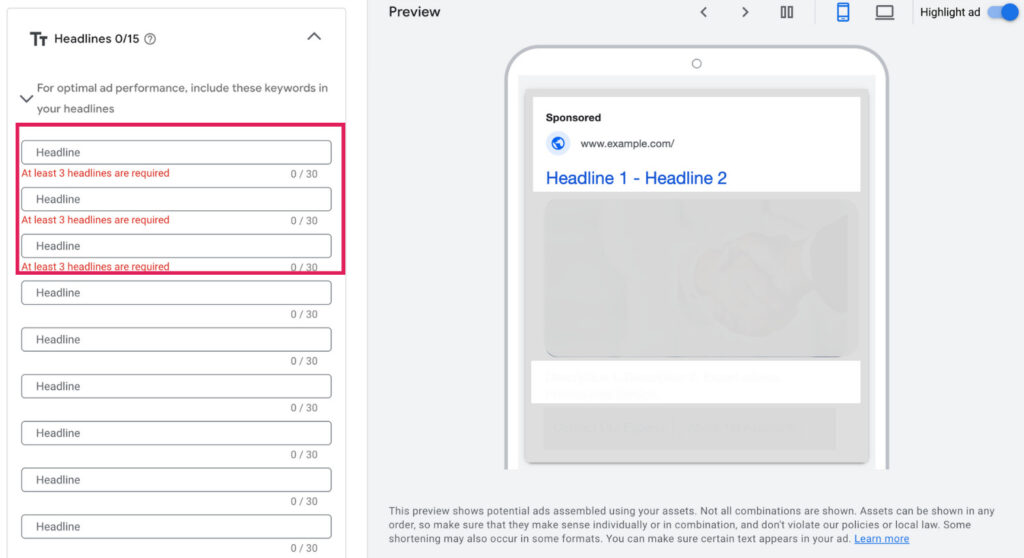 Google Ads page highlighting where to input ad headlines.