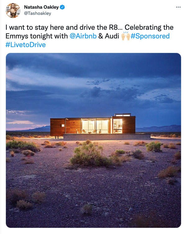 Tweet from influencer Natasha Oakley promoting Air B&B and Audi