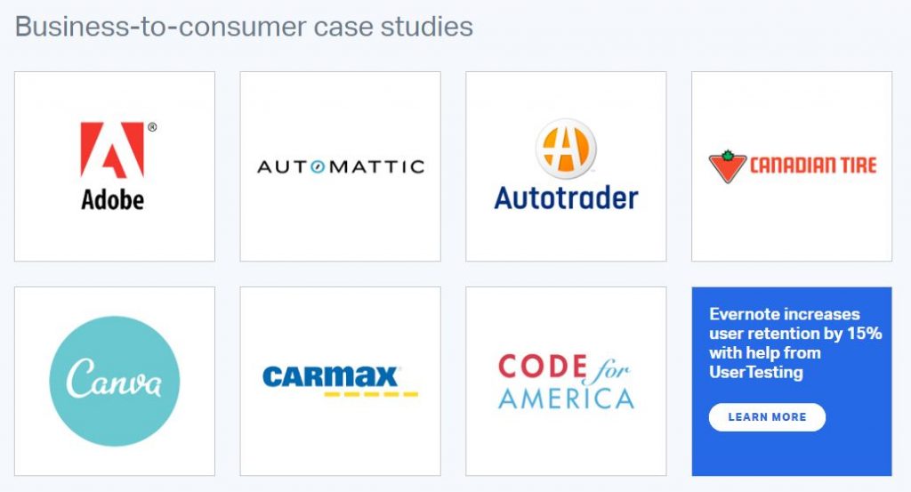 Screenshot of a group of B2B case studies grouped together on usertesting.com