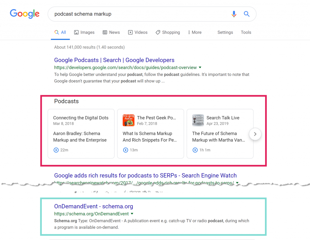 Screenshot of Google search results for "podcast schema markup"