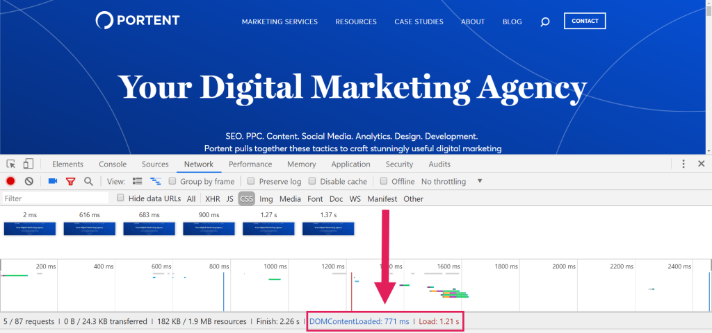Screenshot showing an example of Chrome's page speed tracking tool