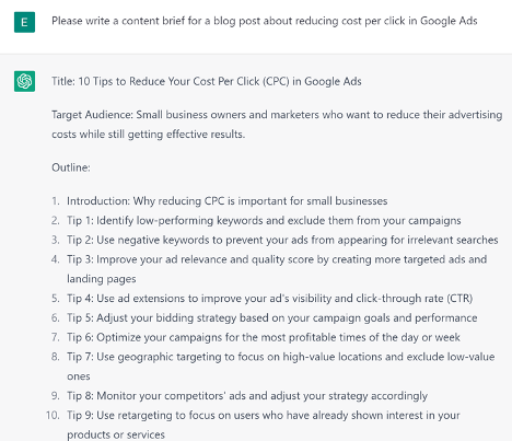 Example of ChatGPT generating a blog post outline