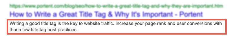 An image of Google search results indicating which element of the result is the meta description