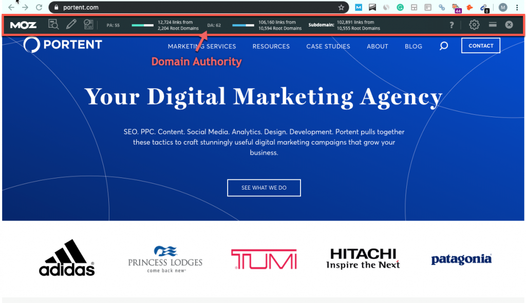 Screenshot of the MozBar installed and showing metrics for portent.com