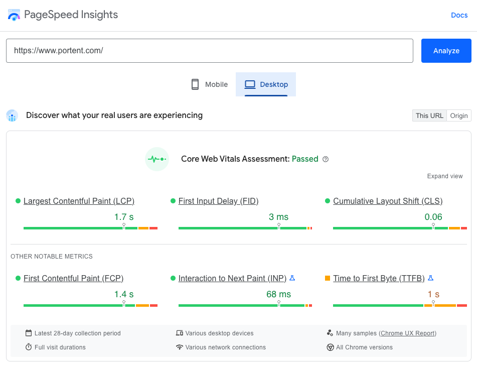 An image showing a PageSpeed Insights results for portent.com