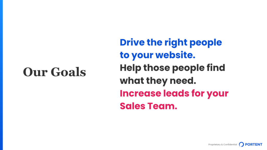 A slide showing three high-level goals for a marketing plan