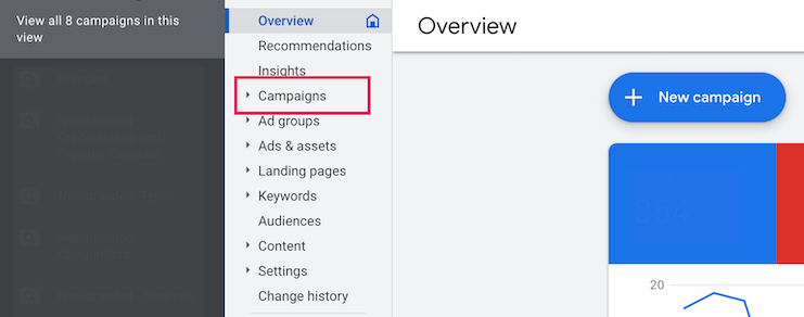 Google ads page showing the dropdown menu to select "campaigns."