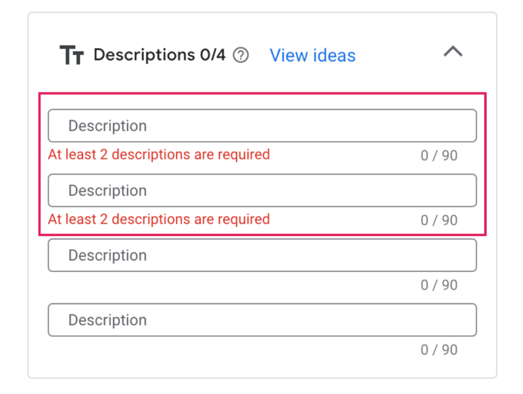 Google Ads page highlighting where to input ad descriptions.