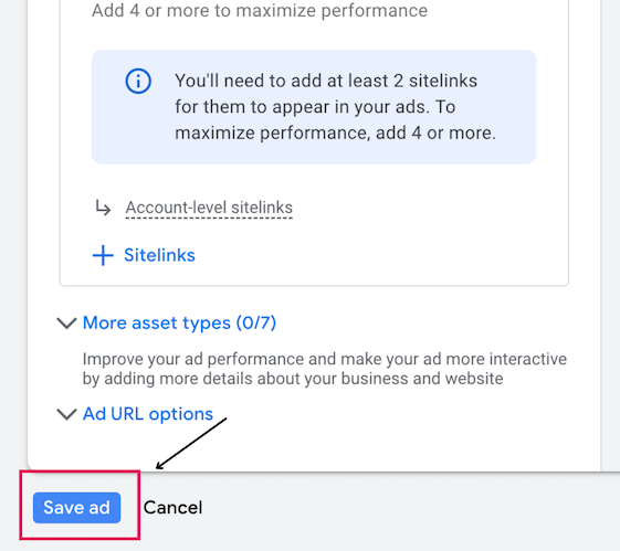 Google ads page showing where to "save ad."